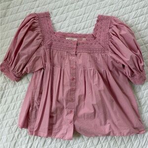 Doen Pink Square-Neck Eyelet Cotton Blouse